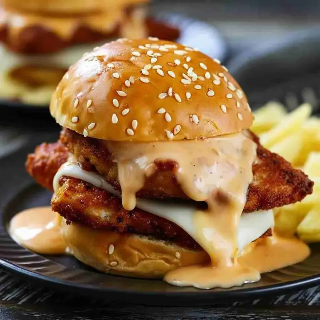 Bang Bang Chicken Sliders served with fries and dipping sauce.