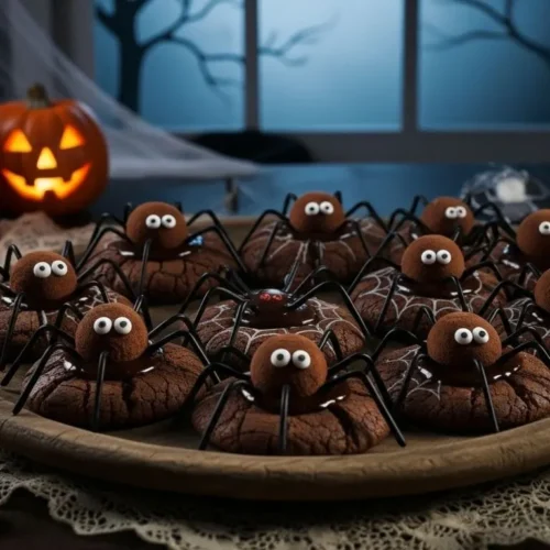 Spooky Spider Cookies 4 Plate of spooky spider cookies with peanut butter cups and candy eyes on a Halloween background.
