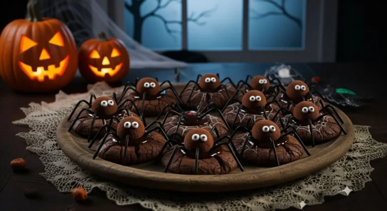 Spooky Spider Cookies 8 Plate of spooky spider cookies with peanut butter cups and candy eyes on a Halloween background.