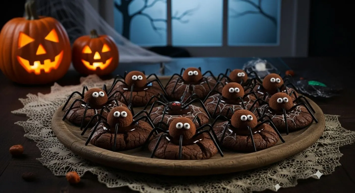Spooky Spider Cookies 1 Plate of spooky spider cookies with peanut butter cups and candy eyes on a Halloween background.