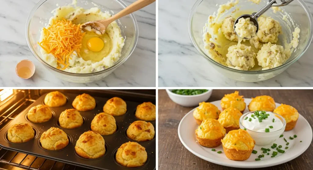 Cheesy Mashed Potato Puff Bites Recipe 3 Step-by-step collage showing how to make cheesy mashed potato puff bites: mixing potatoes, cheese, and egg; shaping into muffin tin; baking until golden; and serving with dipping sauce.