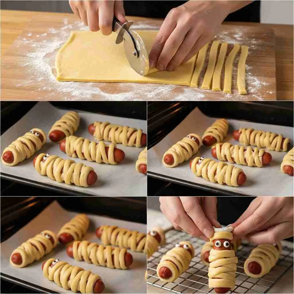 Mummy Hot Dogs Recipe (Halloween Snack Idea) 3 Step-by-step collage of making mummy hot dogs with dough strips and candy eyes.