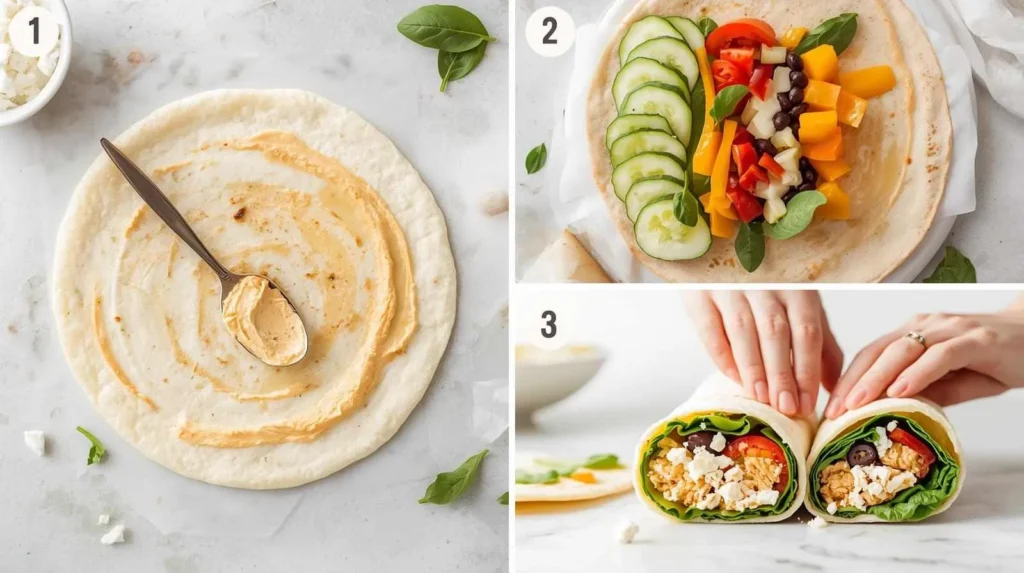 15 Minutes Mediterranean Veggie Wraps Recipe 3 Step-by-step collage showing how to make Mediterranean veggie wraps with hummus, fresh vegetables, and feta.