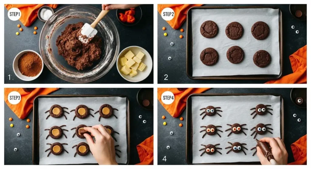 Spooky Spider Cookies 3 Step-by-step collage showing how to make spooky spider cookies — from mixing chocolate dough to decorating with peanut butter cups and candy eyes.
