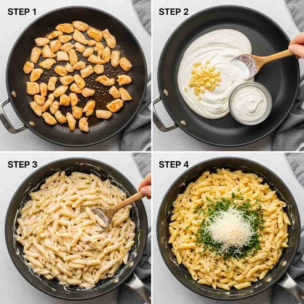 Healthy Garlic Parmesan Chicken Pasta Recipe 3 Step-by-step photos of making garlic Parmesan chicken pasta in a skillet.