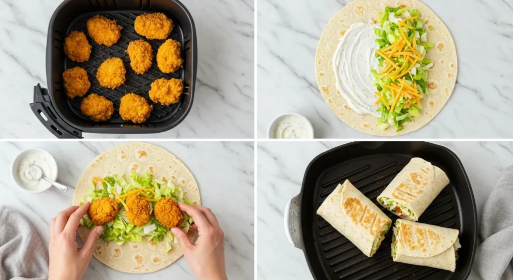 Easy Crispy Chicken Nugget Wraps 3 Step-by-step collage showing how to make crispy chicken nugget wraps bake nuggets, layer tortilla with lettuce and cheese, add nuggets, roll, and toast.