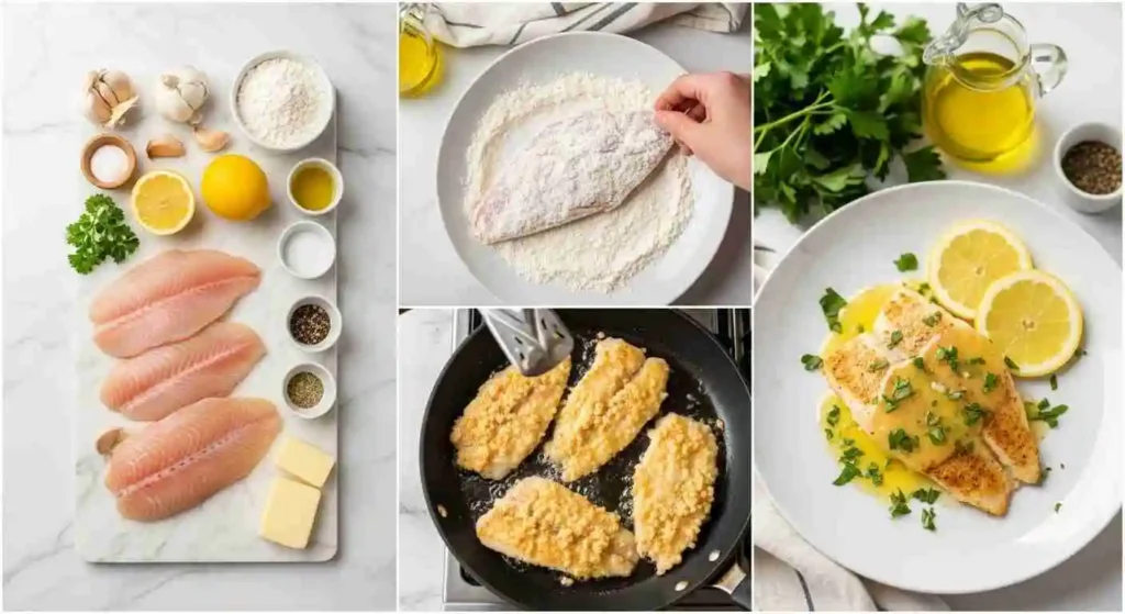 Crispy Pan Fried Tilapia with Garlic Lemon Butter Sauce 3 Step-by-step collage showing ingredients, dredging, frying, and serving of crispy pan-fried tilapia with garlic lemon butter sauce.