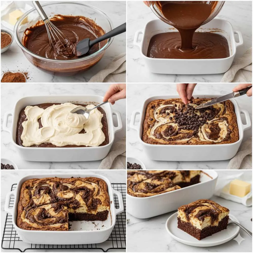 Peanut Butter Earthquake Cake 3 Step-by-step collage showing how to make Peanut Butter Earthquake Cake with chocolate cake batter, peanut butter cream cheese filling, chocolate chips, and gooey baked layers.