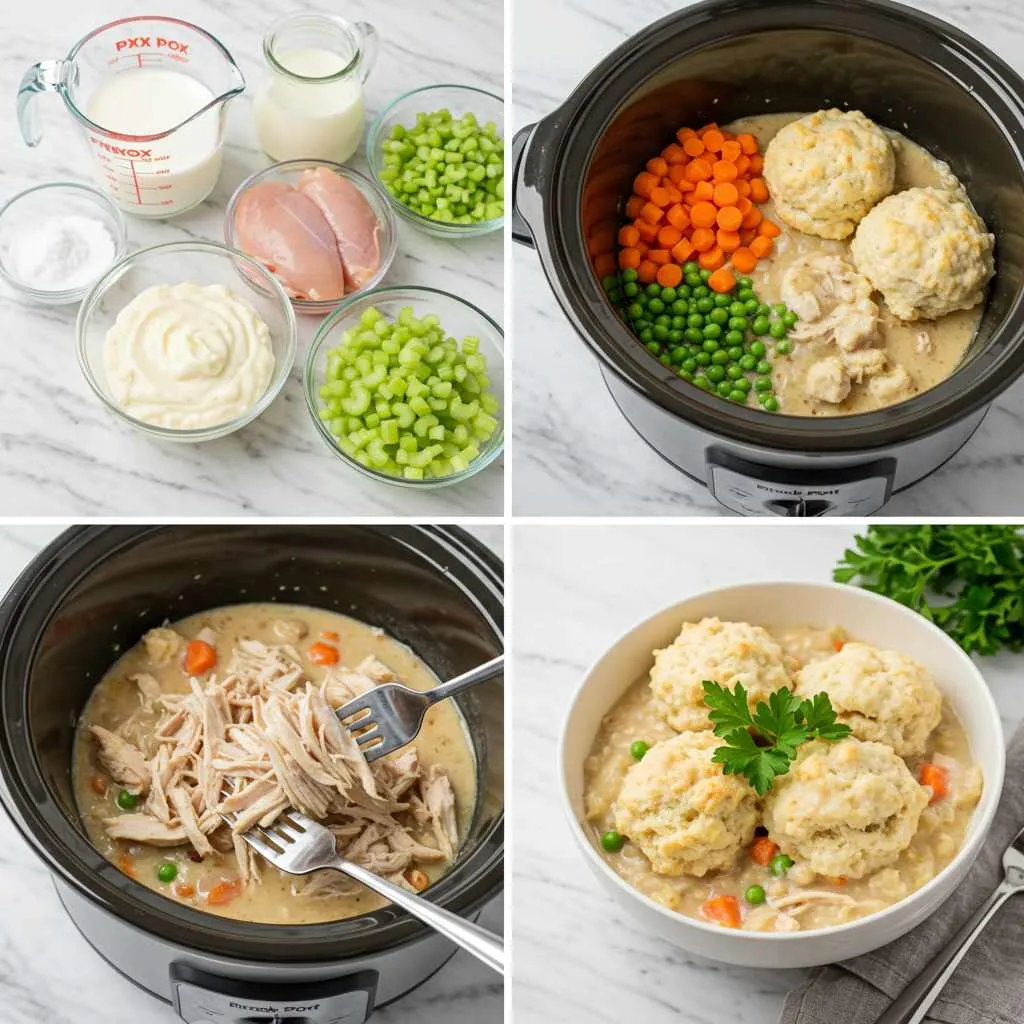 Crock Pot Chicken and Dumplings Recipe 3 Step-by-step process of making Crock Pot Chicken and Dumplings — from adding chicken and soup to topping with biscuit dough.