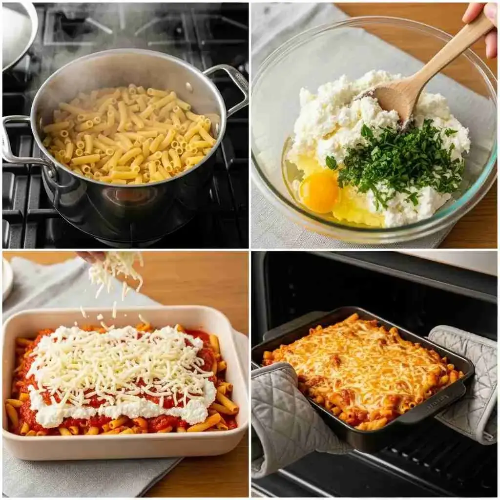 Easy Baked Ziti Recipe 3 Step-by-step collage showing cooked pasta, mixing ricotta, layering sauce and cheese, and baked ziti coming out of oven.
