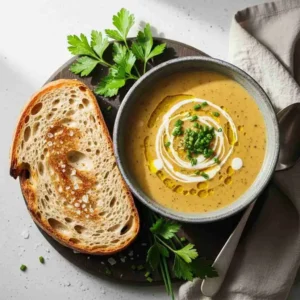 Close-up of creamy honey roasted acorn squash soup with pumpkin seeds and cream swirl
