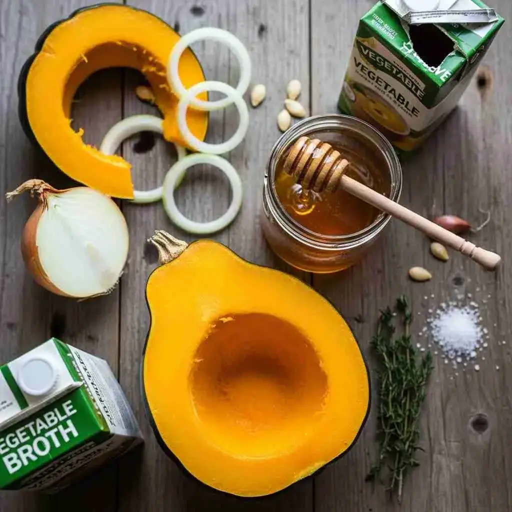 Ingredients for honey roasted acorn squash soup including acorn squash, honey, onion, and broth