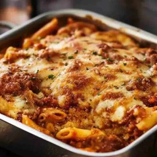 Easy Baked Ziti Recipe 4 Freshly baked ziti topped with golden cheese.