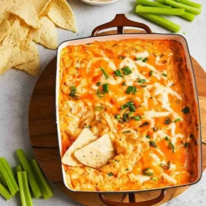 Baked buffalo chicken dip in a skillet topped with melted cheese and green onions