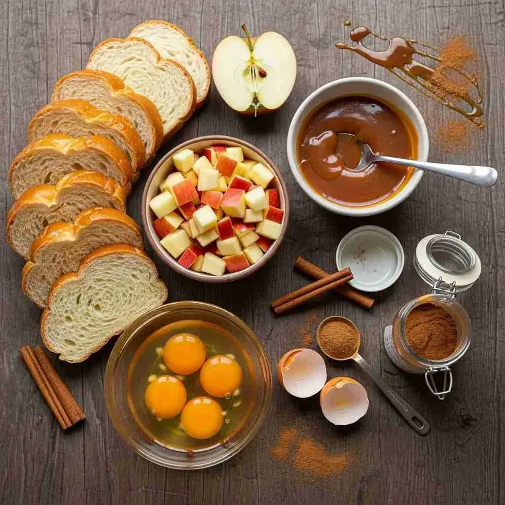 Ingredients for caramel apple stuffed French toast including bread, apples, caramel, eggs, and cinnamon