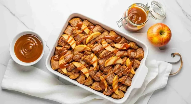 Caramel apple stuffed French toast casserole topped with caramel drizzle and apples