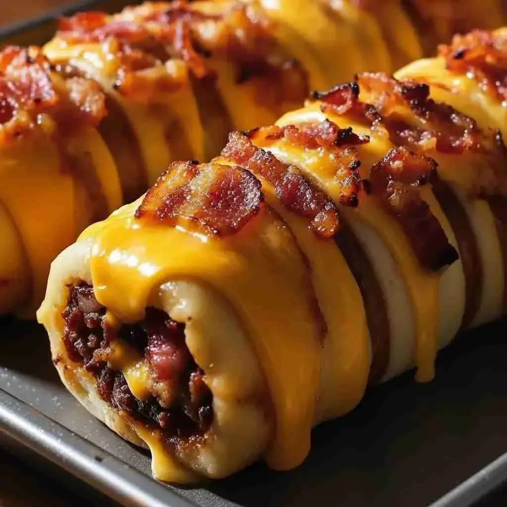 Garlic Butter Bacon Cheeseburger Rollups 2 Close-up of garlic butter bacon cheeseburger rollup with melted cheese and crispy edges