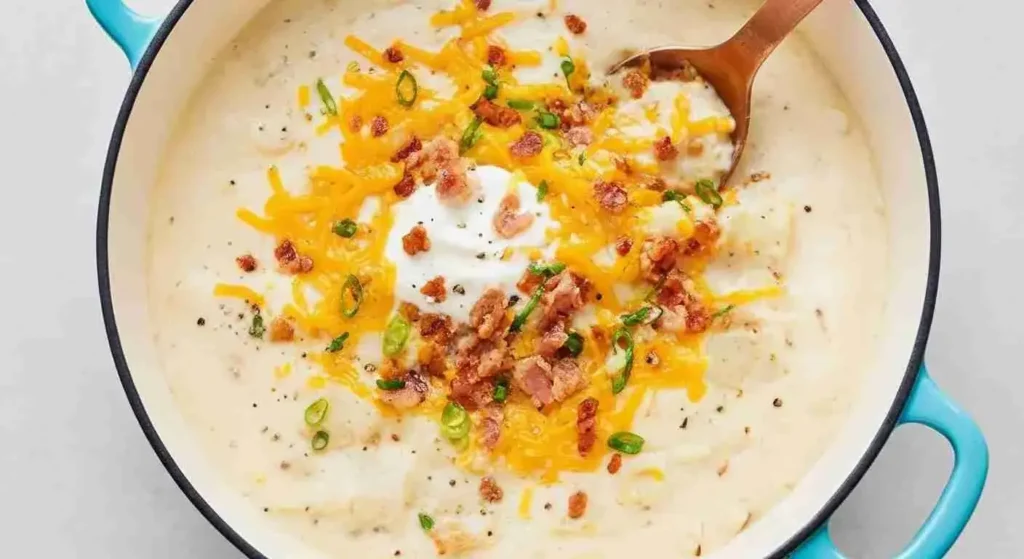 Close-up of creamy loaded cheesy potato soup with melted cheese and bacon