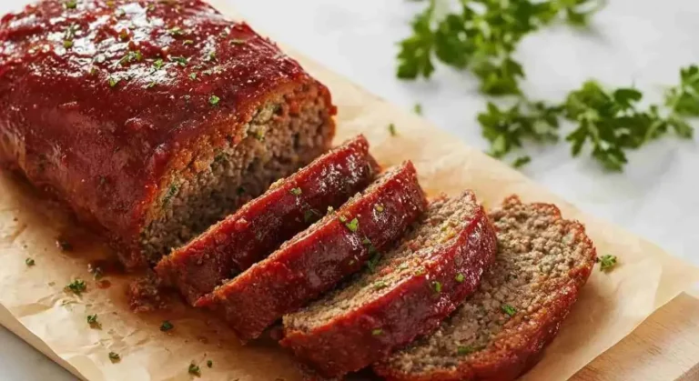 Classic Meatloaf Recipe 11 Homemade classic meatloaf with ketchup glaze sliced on a serving platter