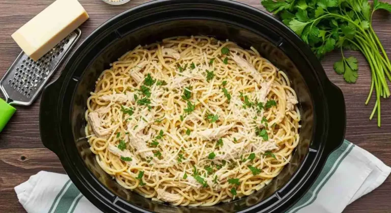 Creamy crock pot angel chicken served over angel hair pasta with parsley garnish