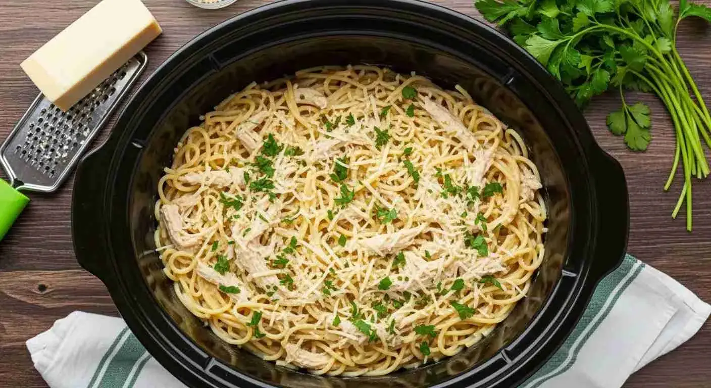 Crock Pot Angel Chicken 1 Creamy crock pot angel chicken served over angel hair pasta with parsley garnish
