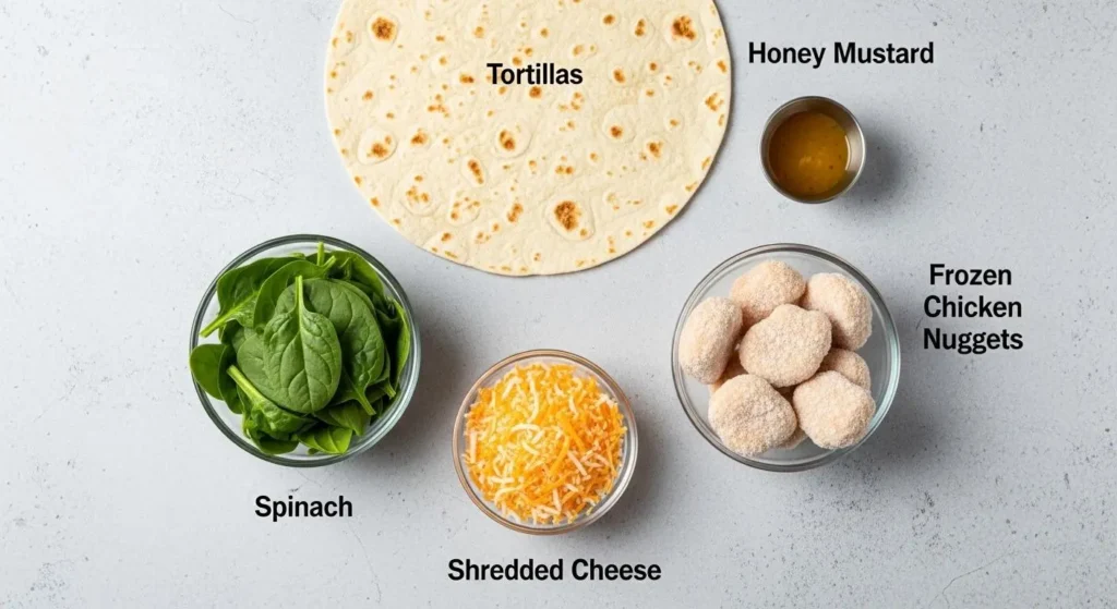 Easy Crispy Chicken Nugget Wraps 2 Flat lay of ingredients for crispy chicken nugget wraps chicken nuggets, tortillas, lettuce,