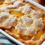 Golden baked peach cobbler made with canned peaches and buttery crust