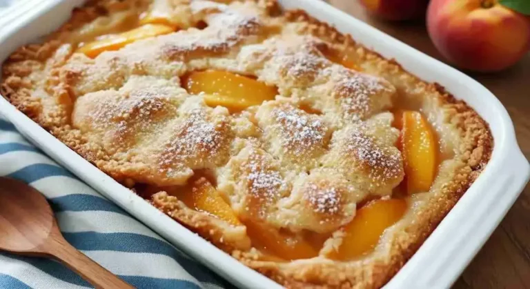 Golden baked peach cobbler made with canned peaches and buttery crust