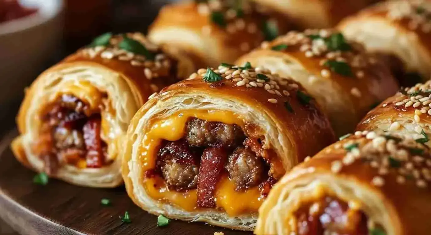 Garlic Butter Bacon Cheeseburger Rollups 1 Golden garlic butter bacon cheeseburger rollups served with dipping sauce