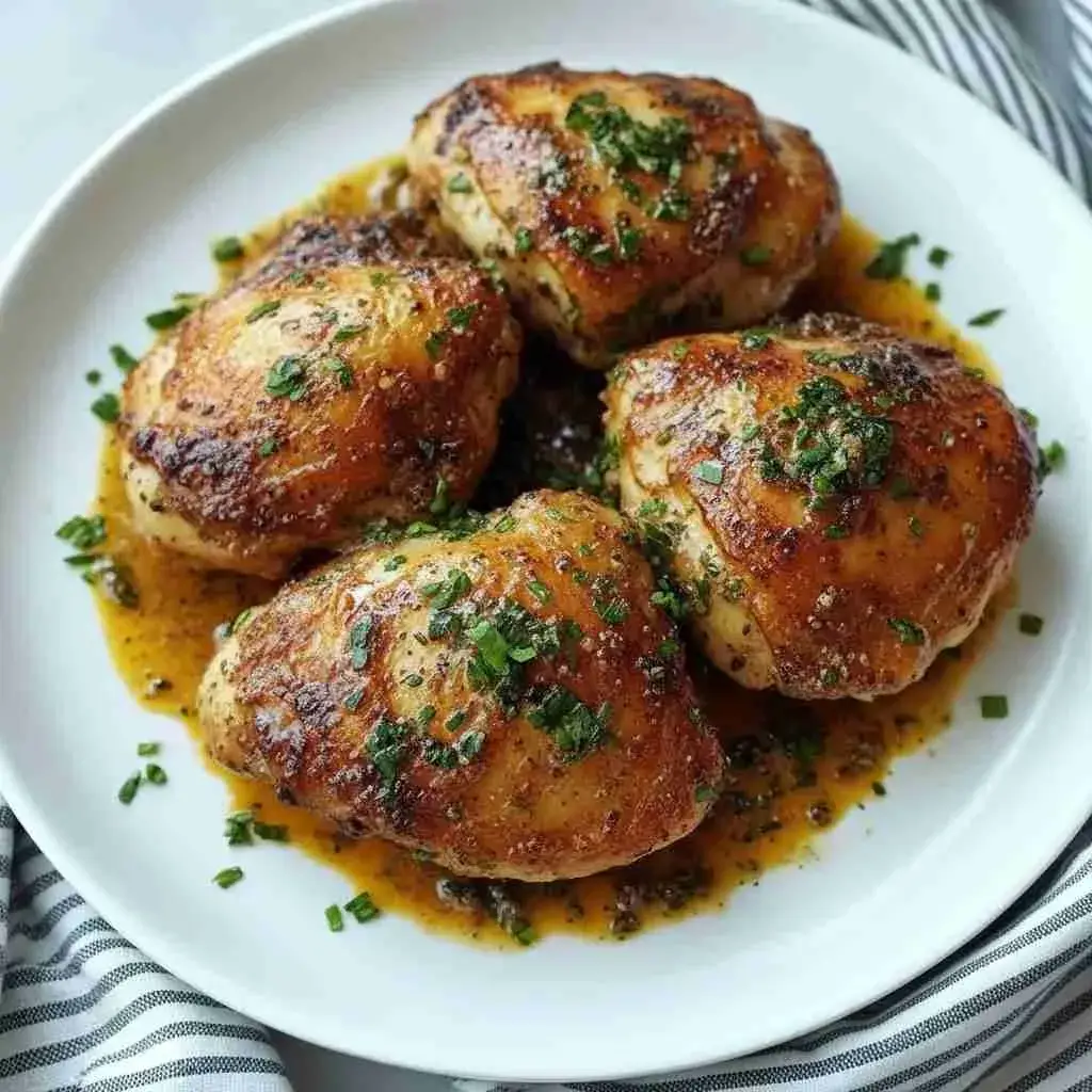 Golden brown chicken thighs with herbs.