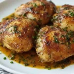 Golden brown garlic butter chicken thighs in a skillet with fresh herbs.