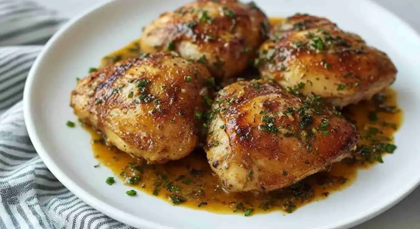 Garlic Butter Chicken Thighs Recipe 1 Golden brown garlic butter chicken thighs in a skillet with fresh herbs.