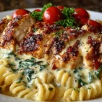 Bowl of creamy garlic Parmesan chicken pasta topped with parsley.