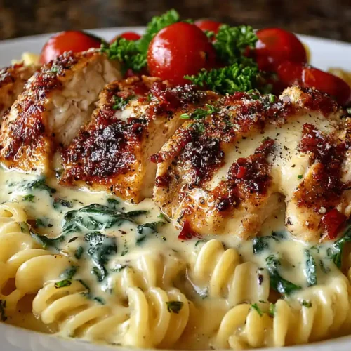 Bowl of creamy garlic Parmesan chicken pasta topped with parsley.