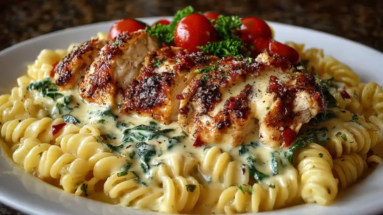 Bowl of creamy garlic Parmesan chicken pasta topped with parsley.