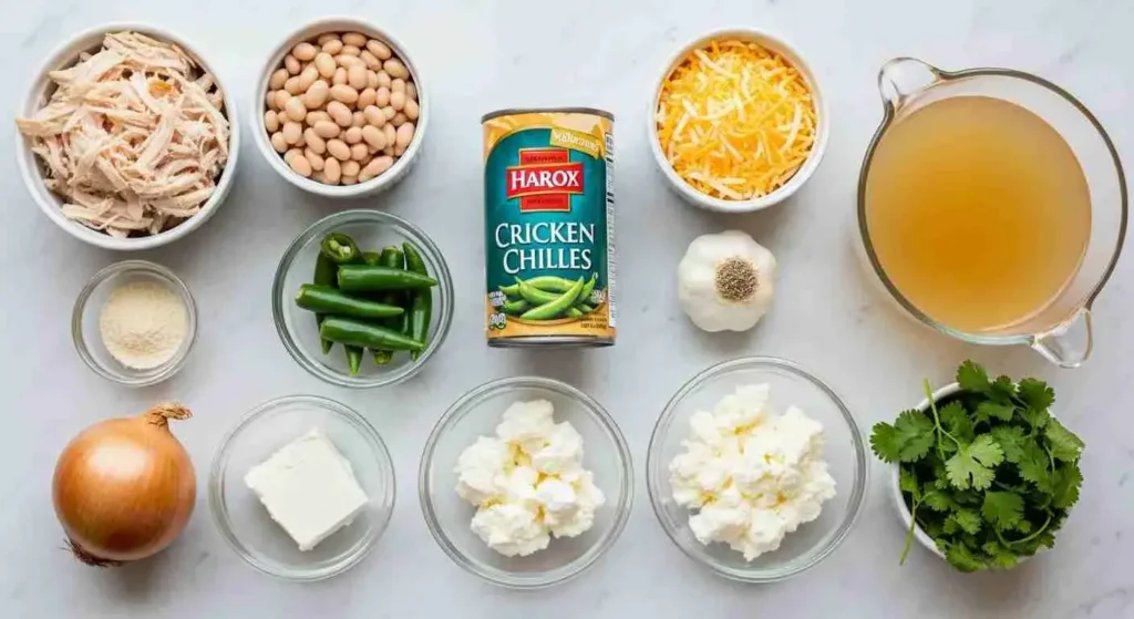 Creamy White Chicken Enchilada Soup 2 Chicken, beans, cheese, chilies, and broth arranged on countertop.