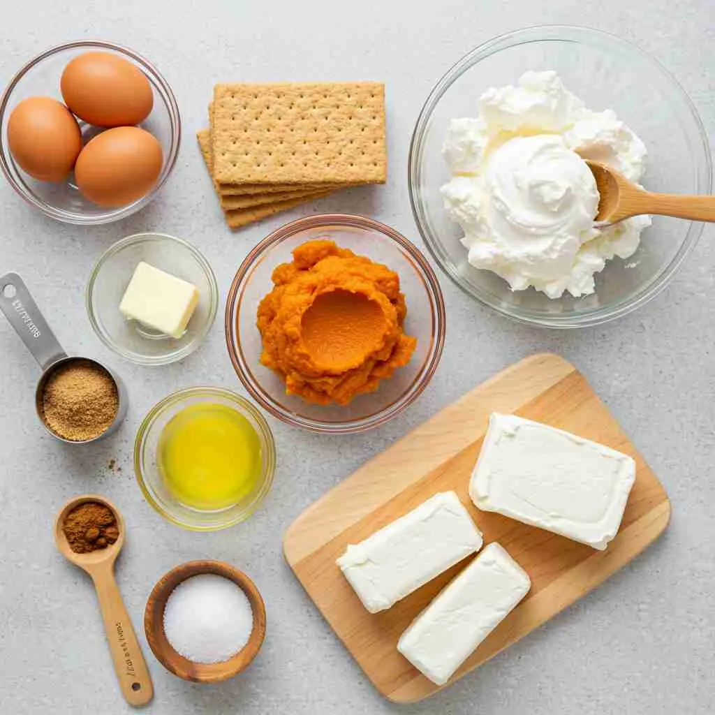 Easy Pumpkin Spice Cheesecake Bars Recipe 2 Cream cheese, pumpkin puree, spices, and graham crackers on counter