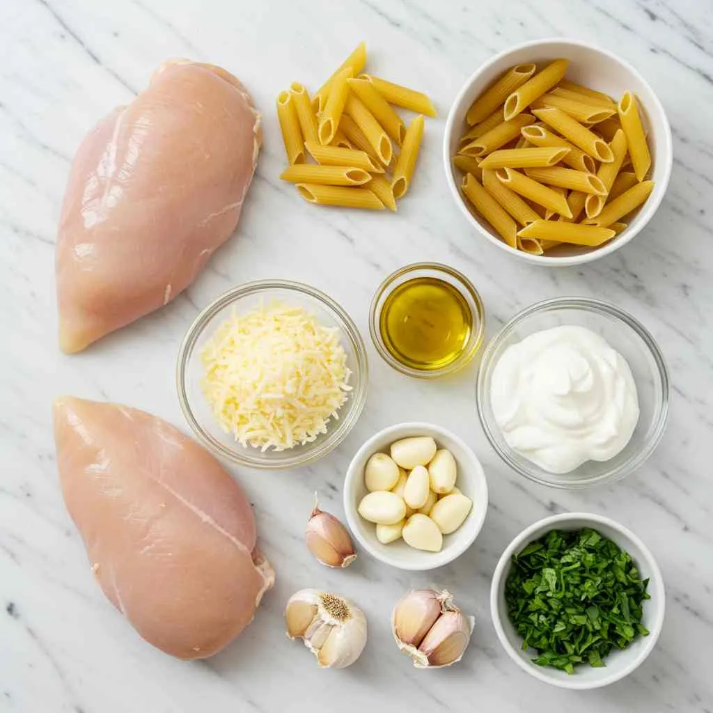 Healthy Garlic Parmesan Chicken Pasta Recipe 2 Chicken, Greek yogurt, pasta, Parmesan, and garlic on countertop.