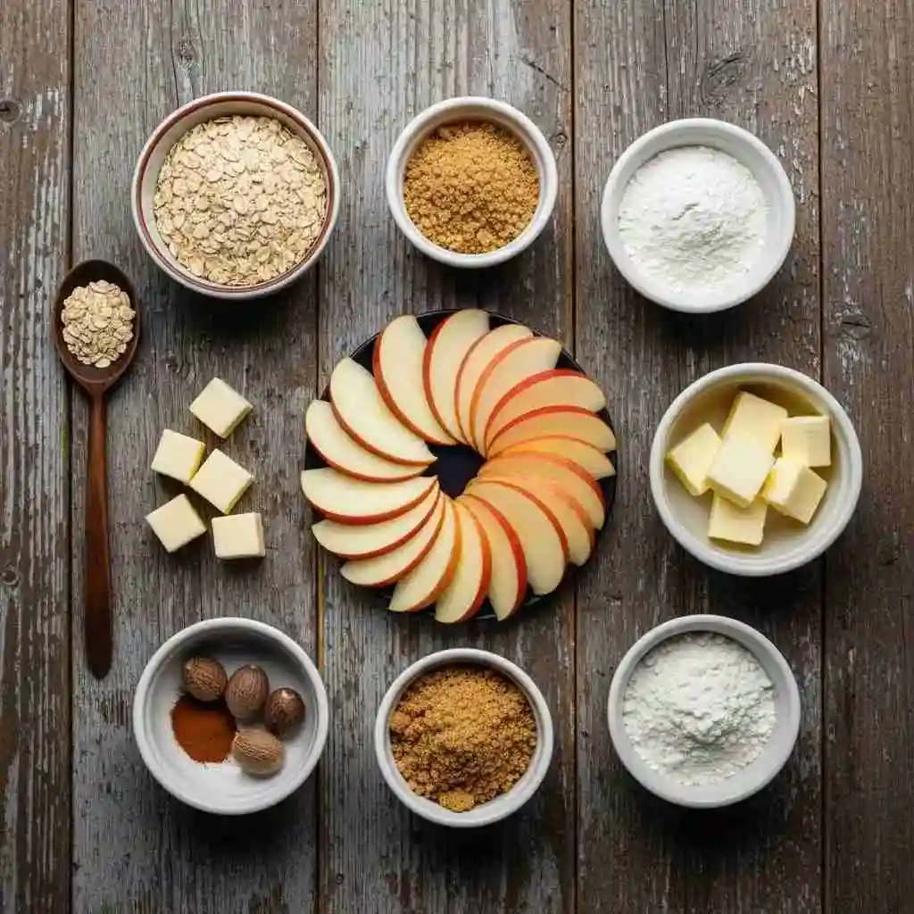 Easy Homemade Apple Crisp Recipe 2 Fresh apples, oats, butter, sugar, and cinnamon ingredients for apple crisp.