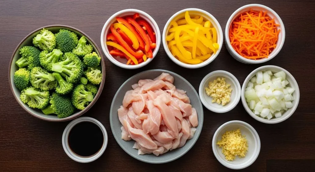Easy Chicken and Veggie Stir Fry Recipe 2 Raw ingredients for chicken and veggie stir fry arranged on a white surface — sliced chicken, fresh vegetables, soy sauce, and garlic.