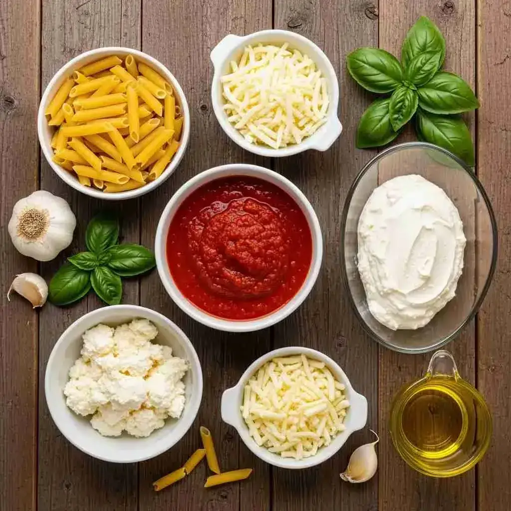Easy Baked Ziti Recipe 2 Ziti pasta, marinara sauce, ricotta, mozzarella, and fresh basil arranged on a countertop.