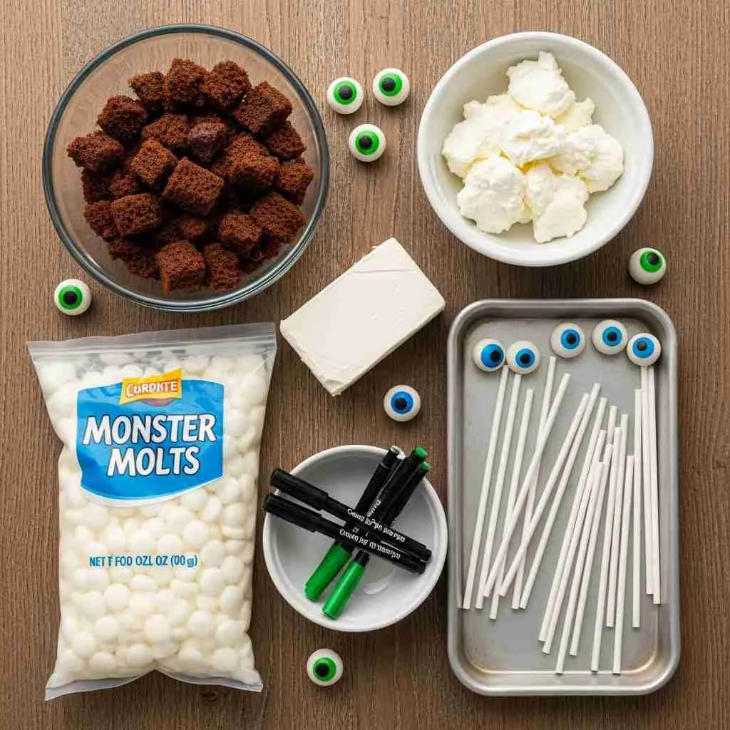 Monster Eyeball Cake Pops Recipe 2 Cake crumbs, frosting, candy melts, and candy eyes on a kitchen counter.