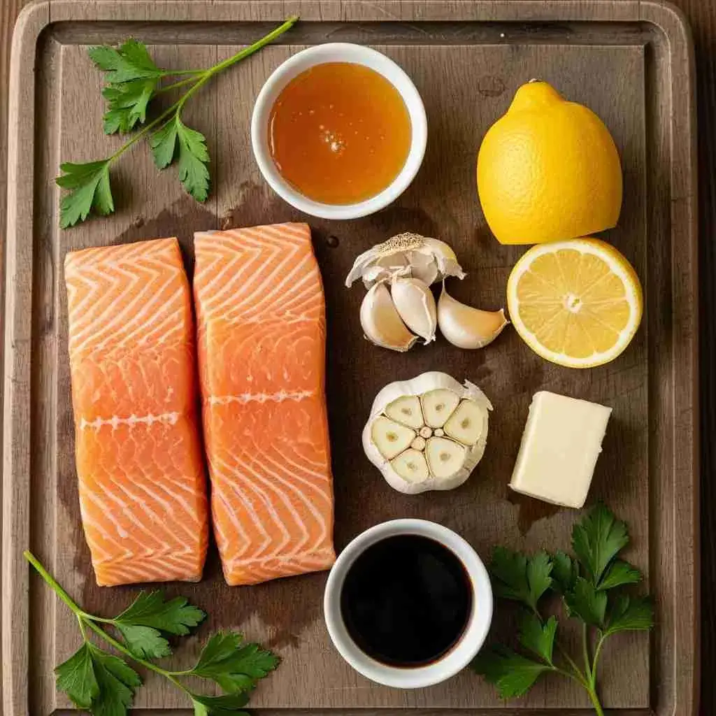 Honey Garlic Butter Salmon Recipe 2 Salmon fillets, honey, garlic, butter, soy sauce, and lemon arranged on a countertop.