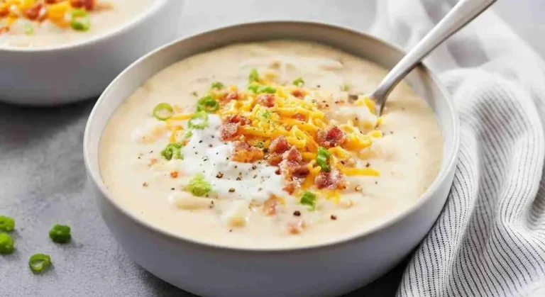 Bowl of loaded cheesy potato soup topped with bacon, cheese, and green onions