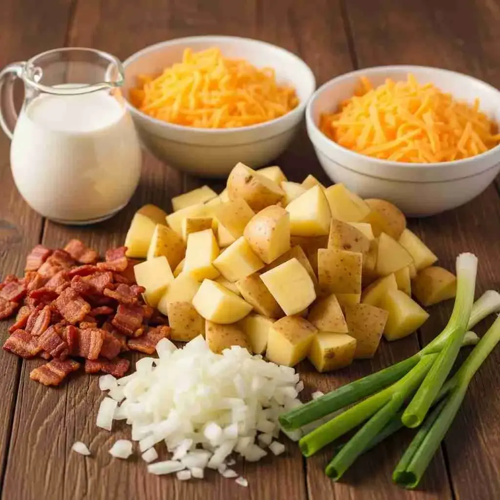 Ingredients for loaded cheesy potato soup including potatoes, cheese, bacon, onions, and cream