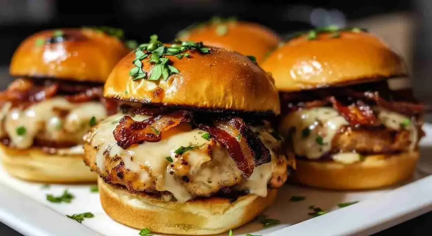 Maple chicken bacon sliders topped with melted cheese on Hawaiian rolls