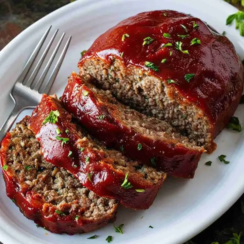 Close-up of juicy classic meatloaf slice with ketchup glaze and herbs