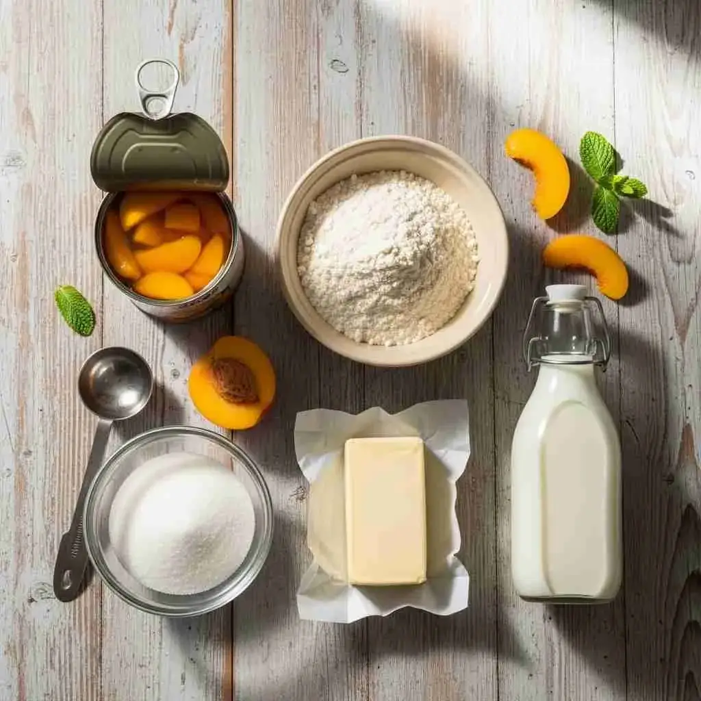 Ingredients for peach cobbler with canned peaches, flour, sugar, butter, and milk