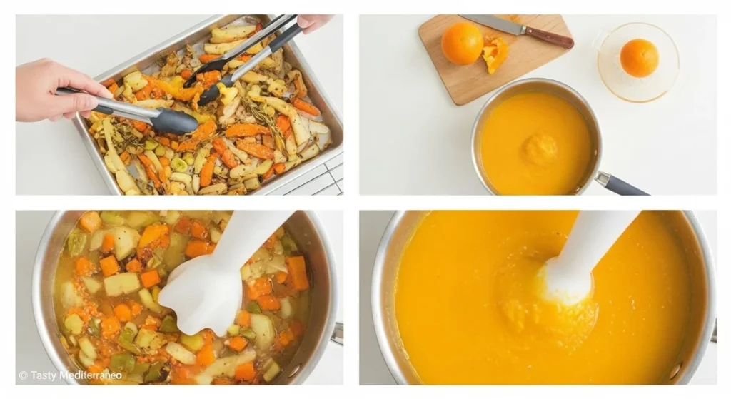 Easy Pumpkin Soup Recipe 3 Collage showing four steps for making pumpkin soup: sautéing aromatics, simmering pumpkin, blending soup, and serving.