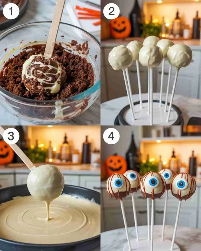 Monster Eyeball Cake Pops Recipe 3 Step-by-step collage of making Halloween eyeball cake pops.